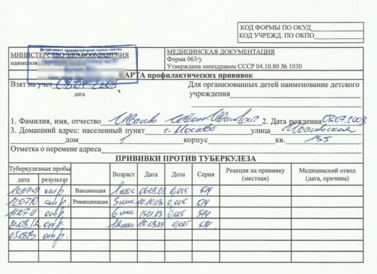 карта профилактических прививок